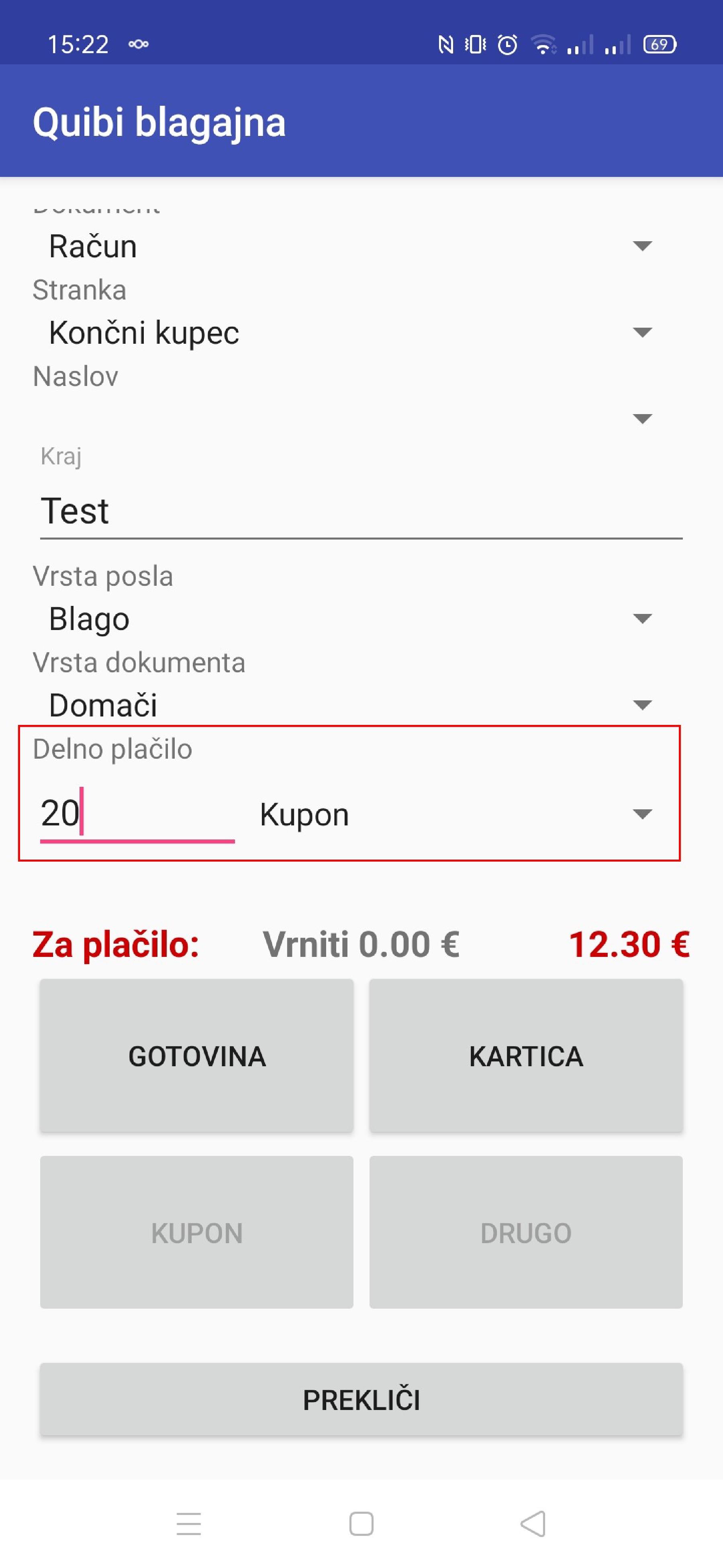 Vnos delnega plačila