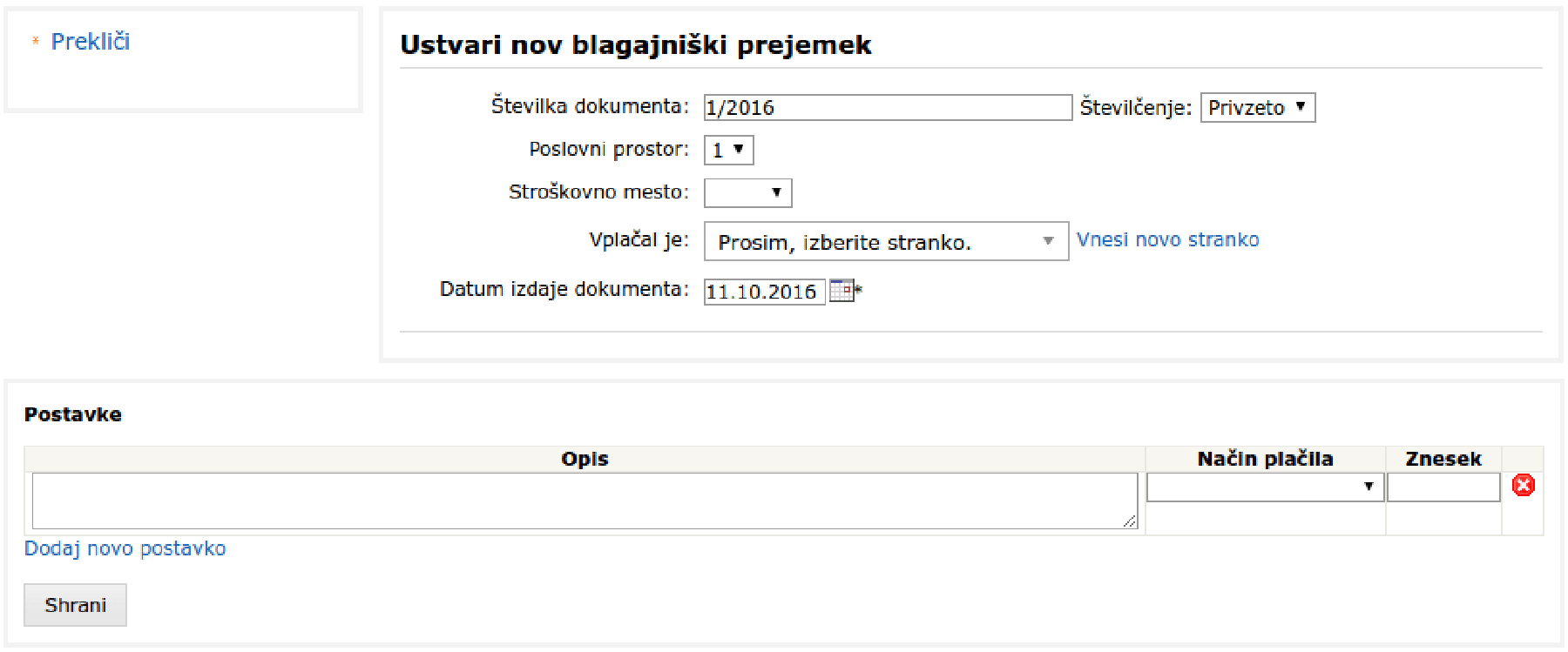 Vnos novega blagajniškega prejemka.