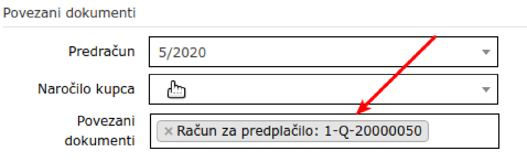 Račun za preplačilo povezan na račun.