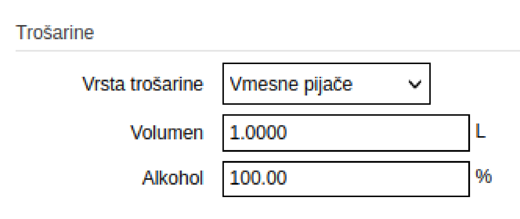 Vnost podatkov v izdelek za izračun trošarine.